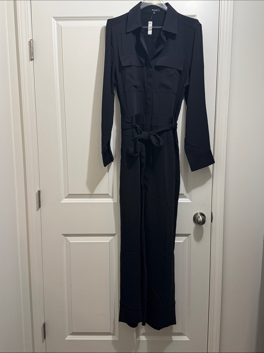 Madewell Black Long-Sleeve Collared Belted Jumpsuit